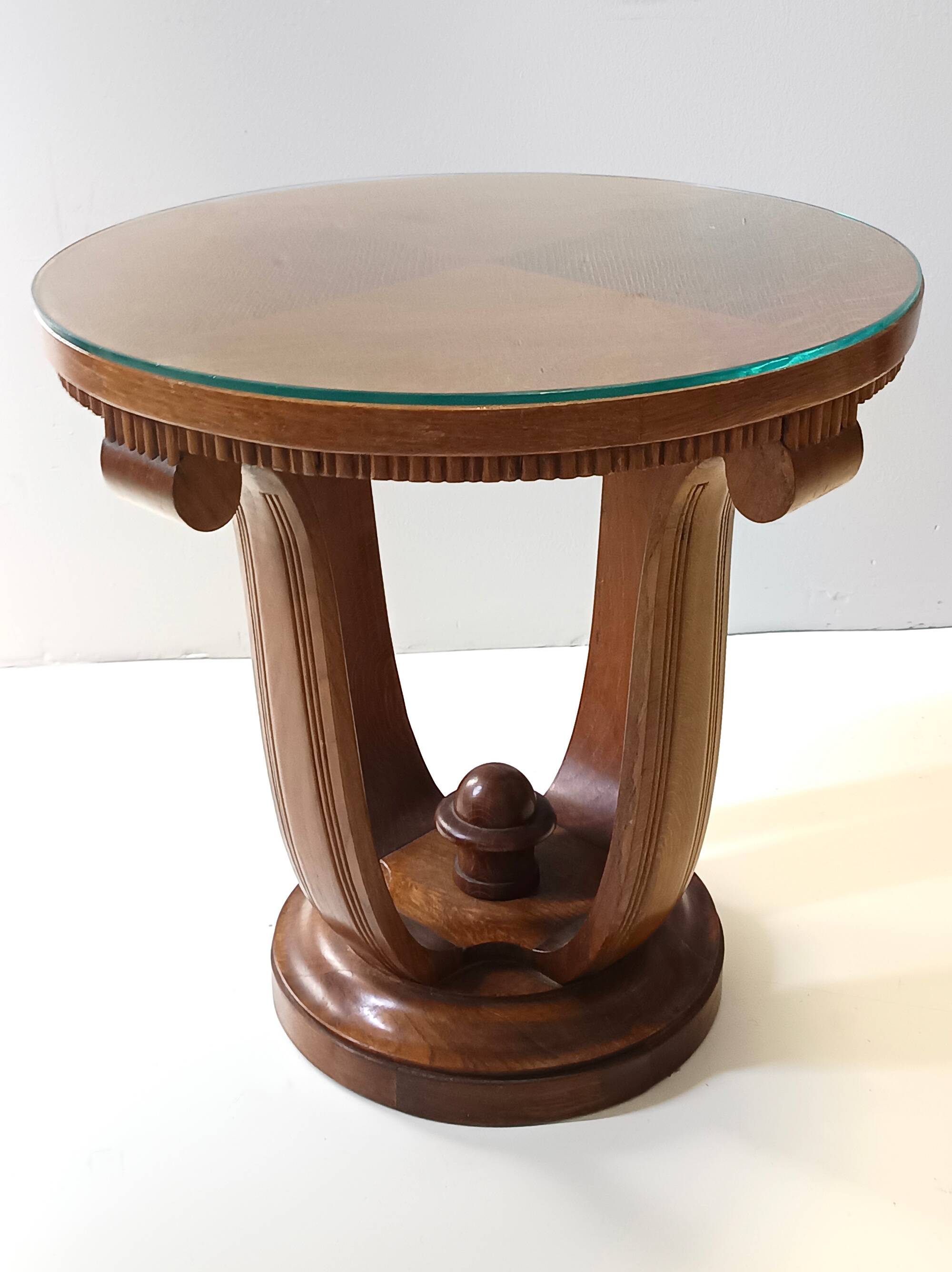Art Deco Round Oak Durmast and Glass Coffee Table, Italy