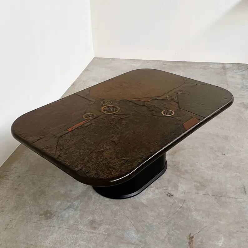 Brutalist coffee table in mixed media by Kneip, signed 1993