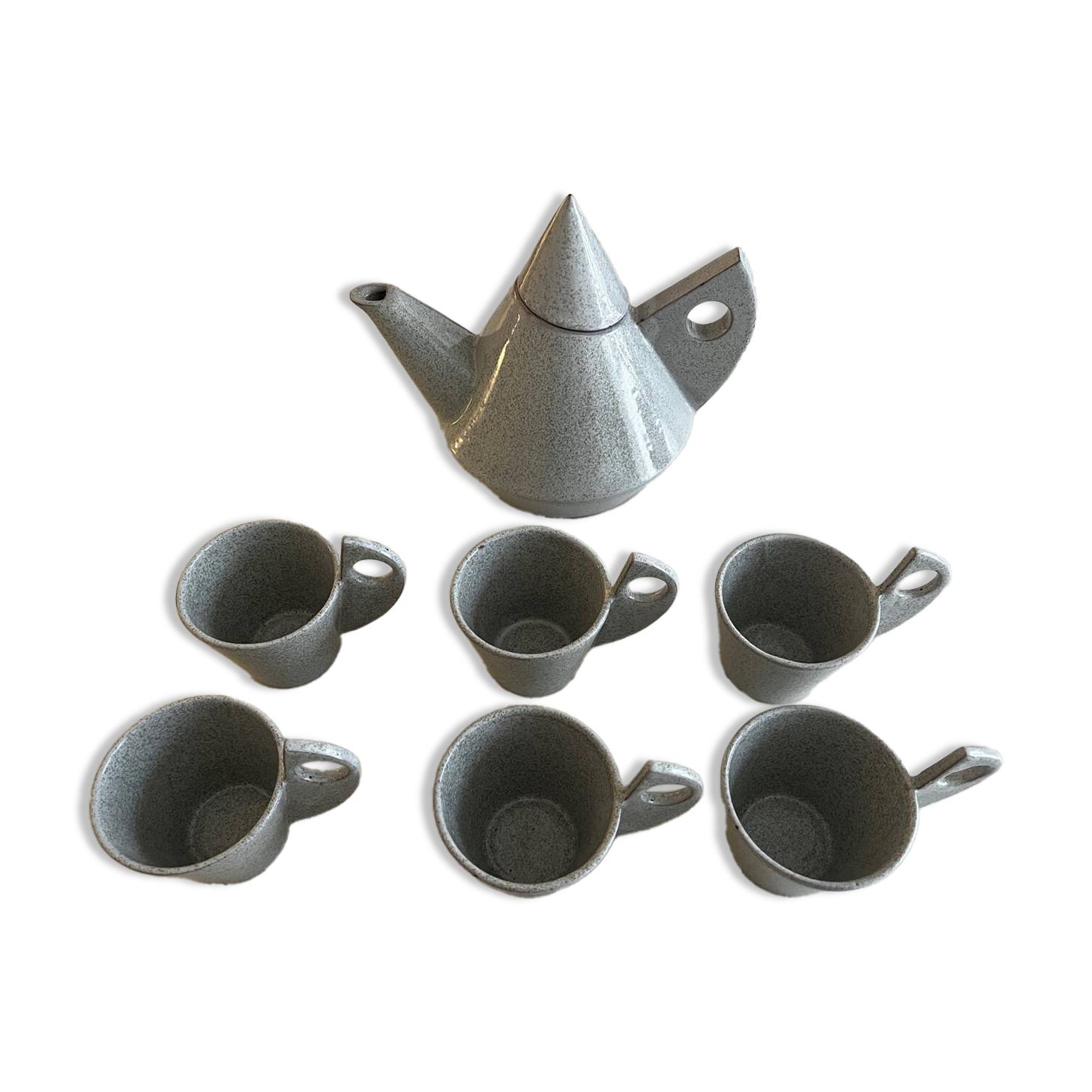 80s/90s design tea set, speckled ceramic, teapot + 6 cups.