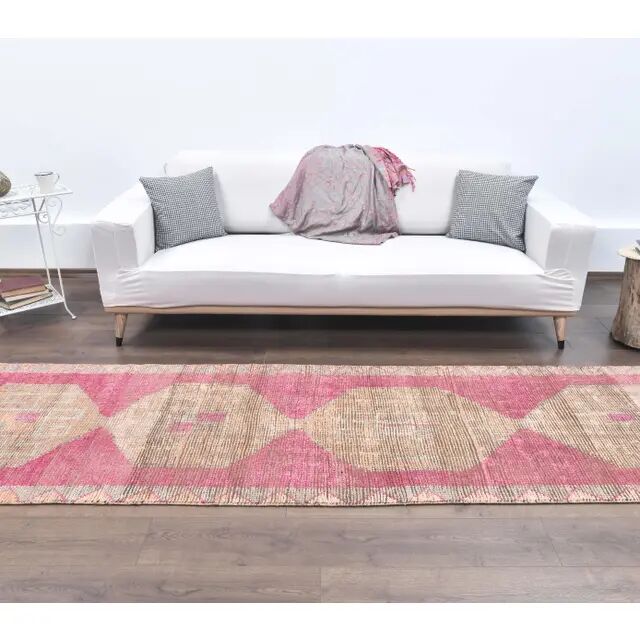 Vintage pink geometric Turkish hand-knotted runner 92x356