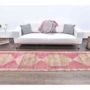 Vintage pink geometric Turkish hand-knotted runner 92x356