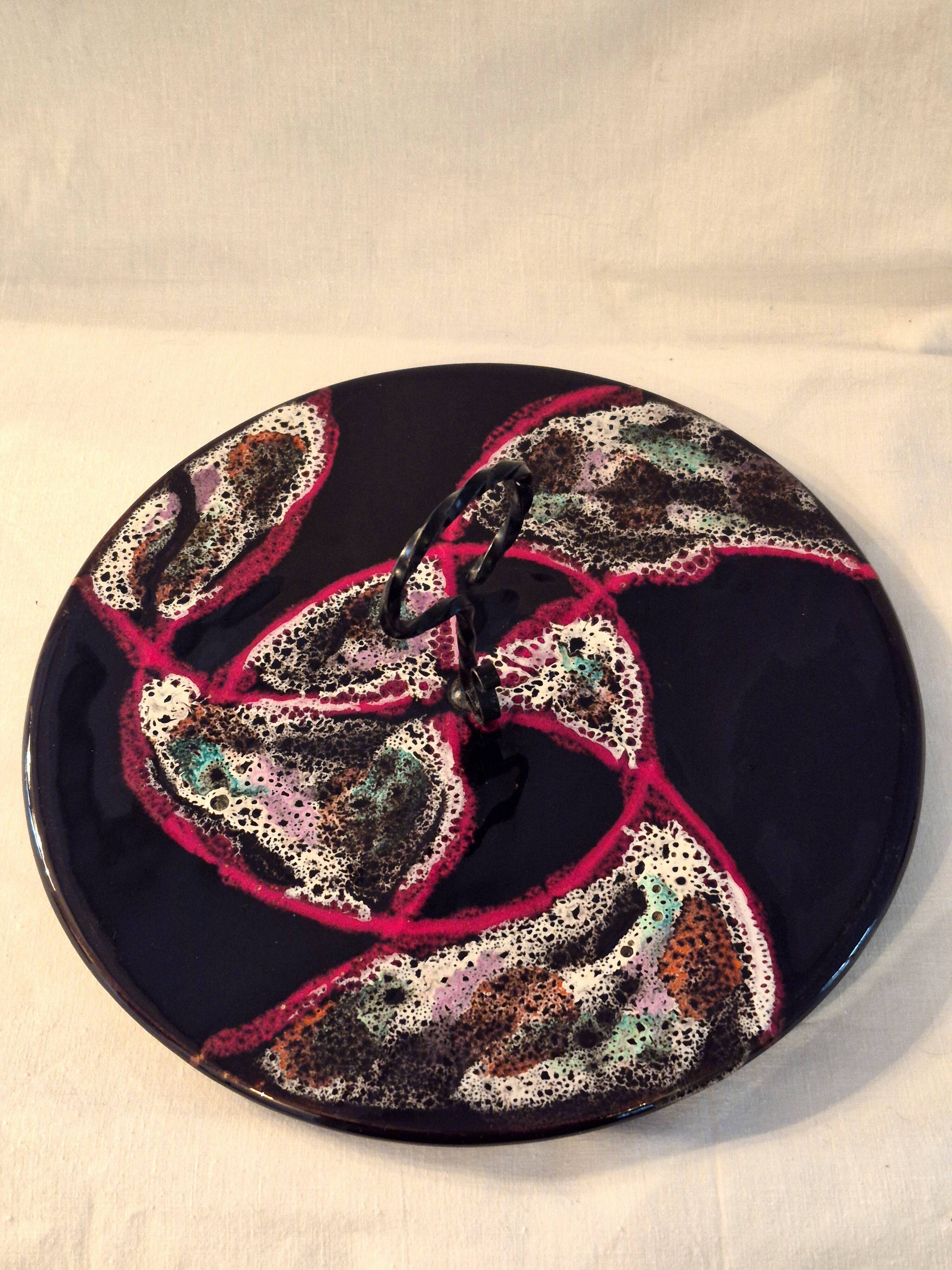Cheese platter Vallauris glazed ceramic black red A035