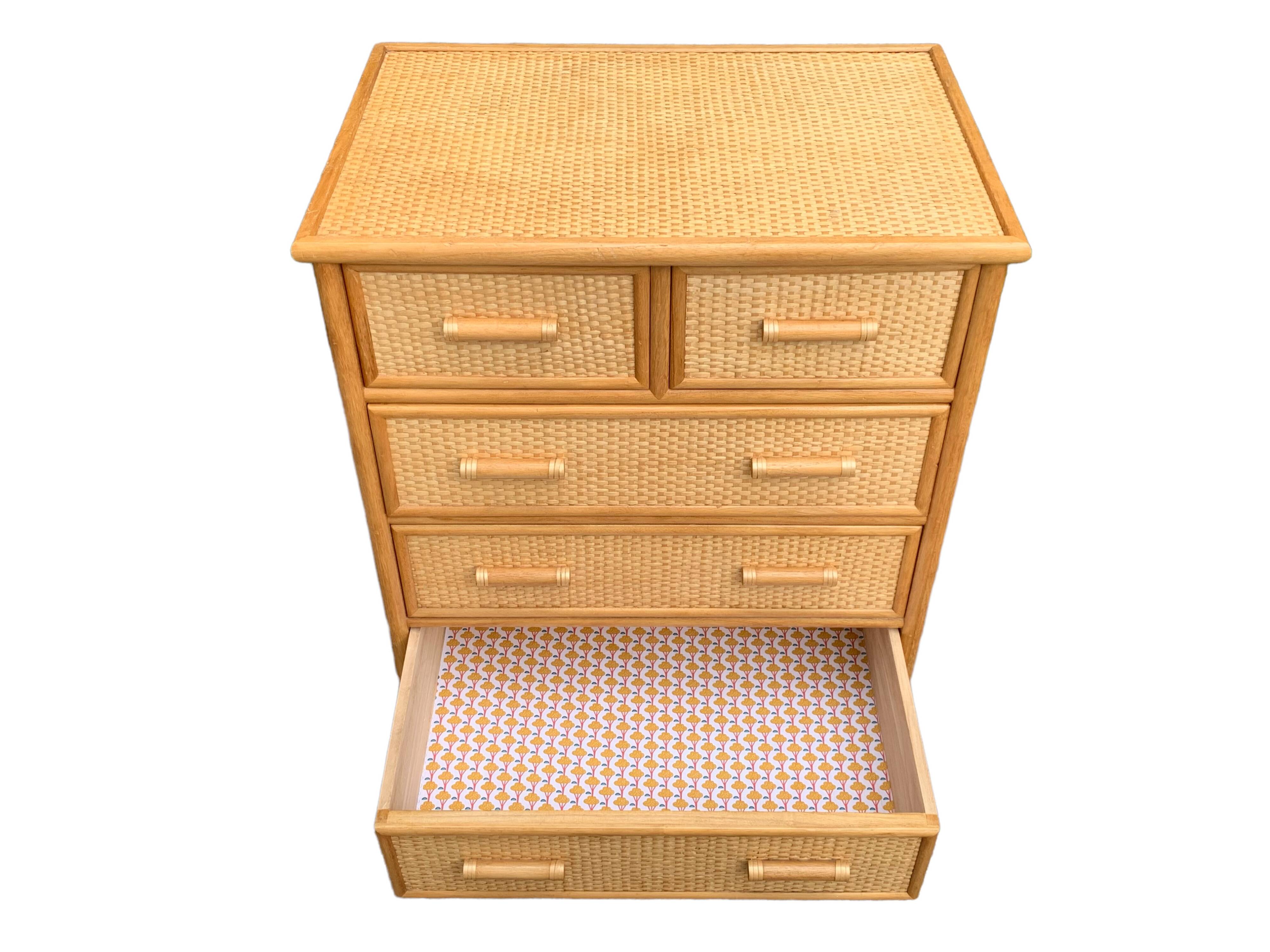 Rattan and woven wicker chest of drawers and mirror, 1970