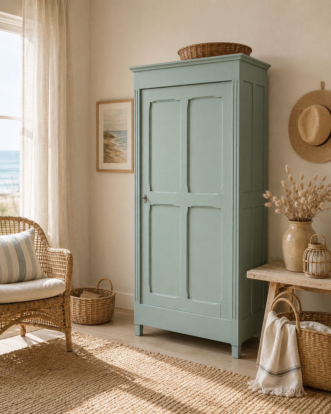 Antique Parisian wardrobe in grey-green solid pine.