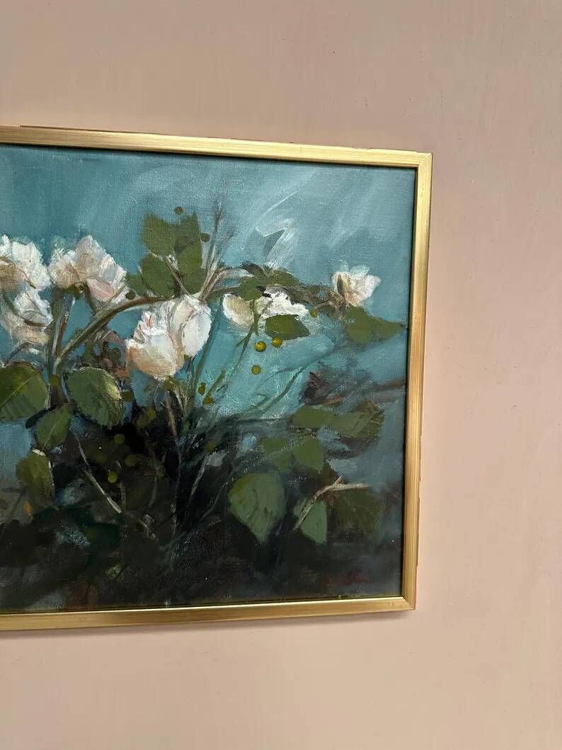 Original Swedish Oil on Canvas – “White Flowers” by M. Jakobsson – Signed – Vintage & Framed – 46 × 44 cm (18.1" × 17.3")