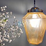 Suspension globe vintage art deco en verre jaune et doré