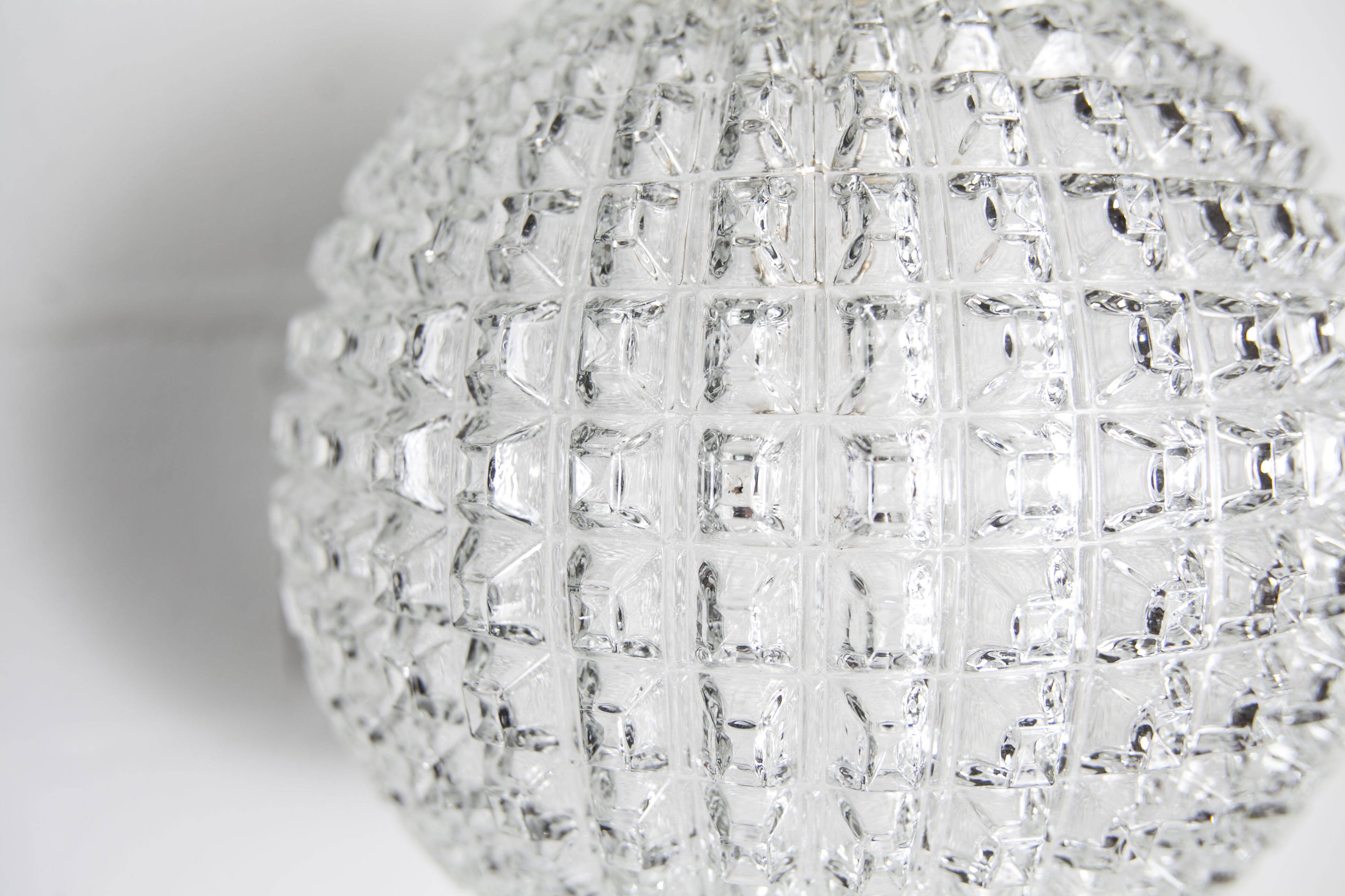 1960s Holophane Ball Pendant Chandelier, Thick Glass, 30 cm, and Vintage Brass