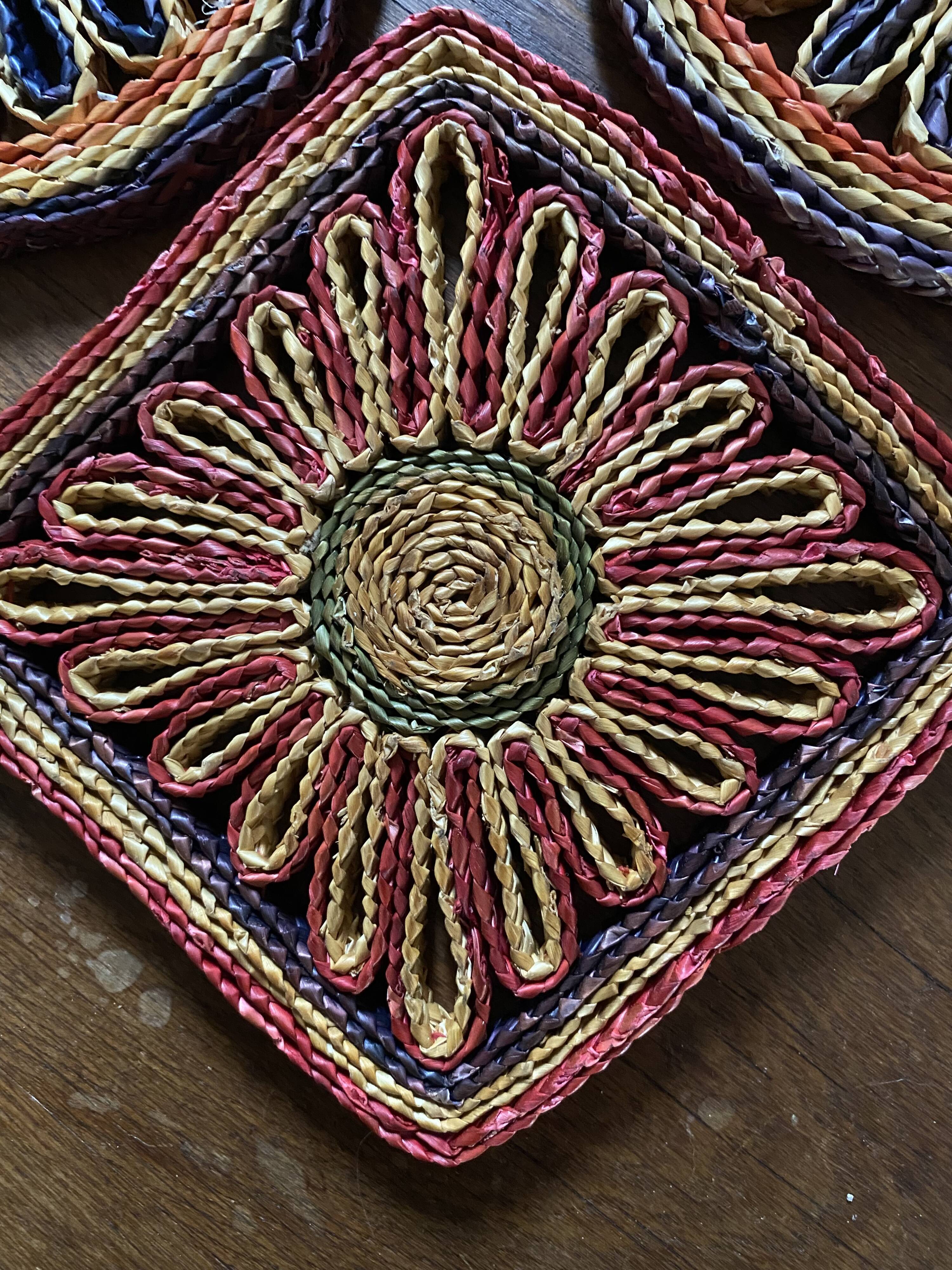 5 braided straw coasters bohemian style