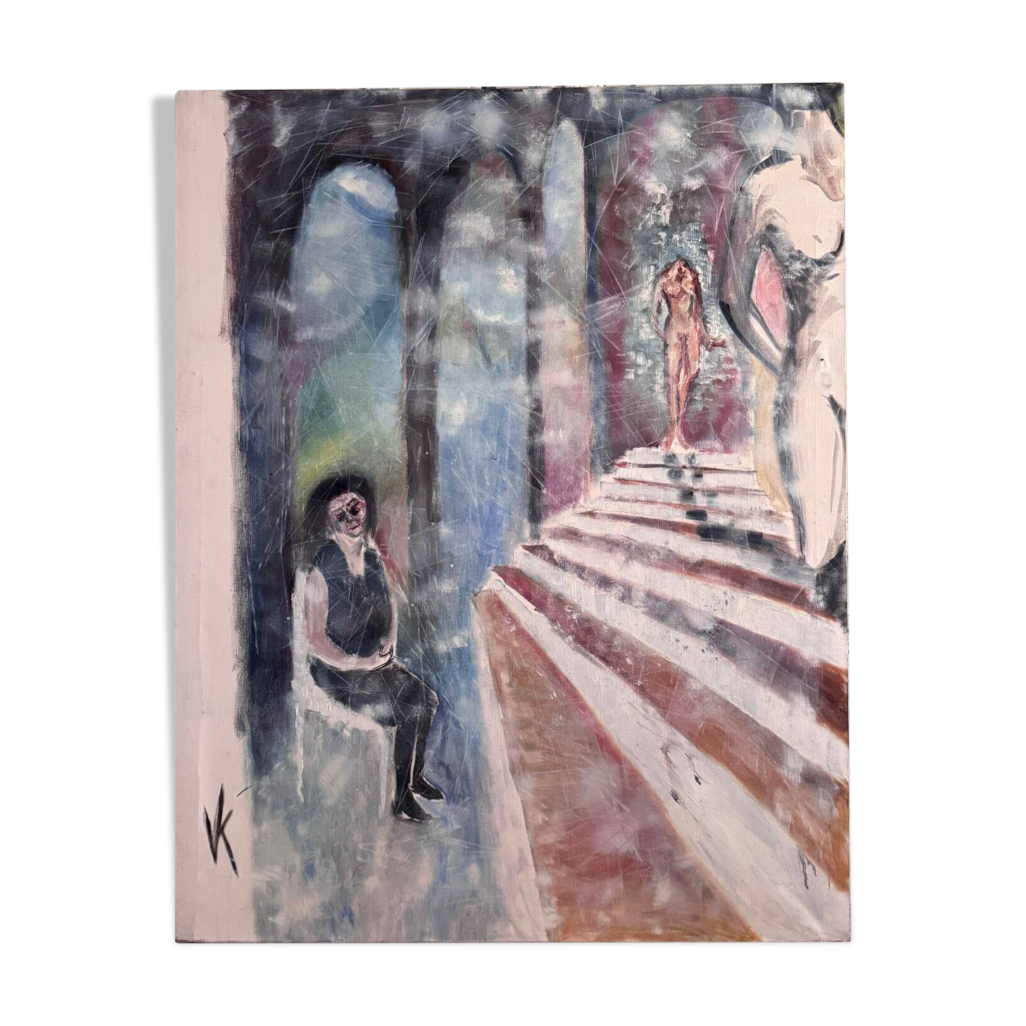 Oil on canvas by Véronique Maude Fini, woman descending a staircase.