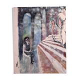 Oil on canvas by Véronique Maude Fini, woman descending a staircase.