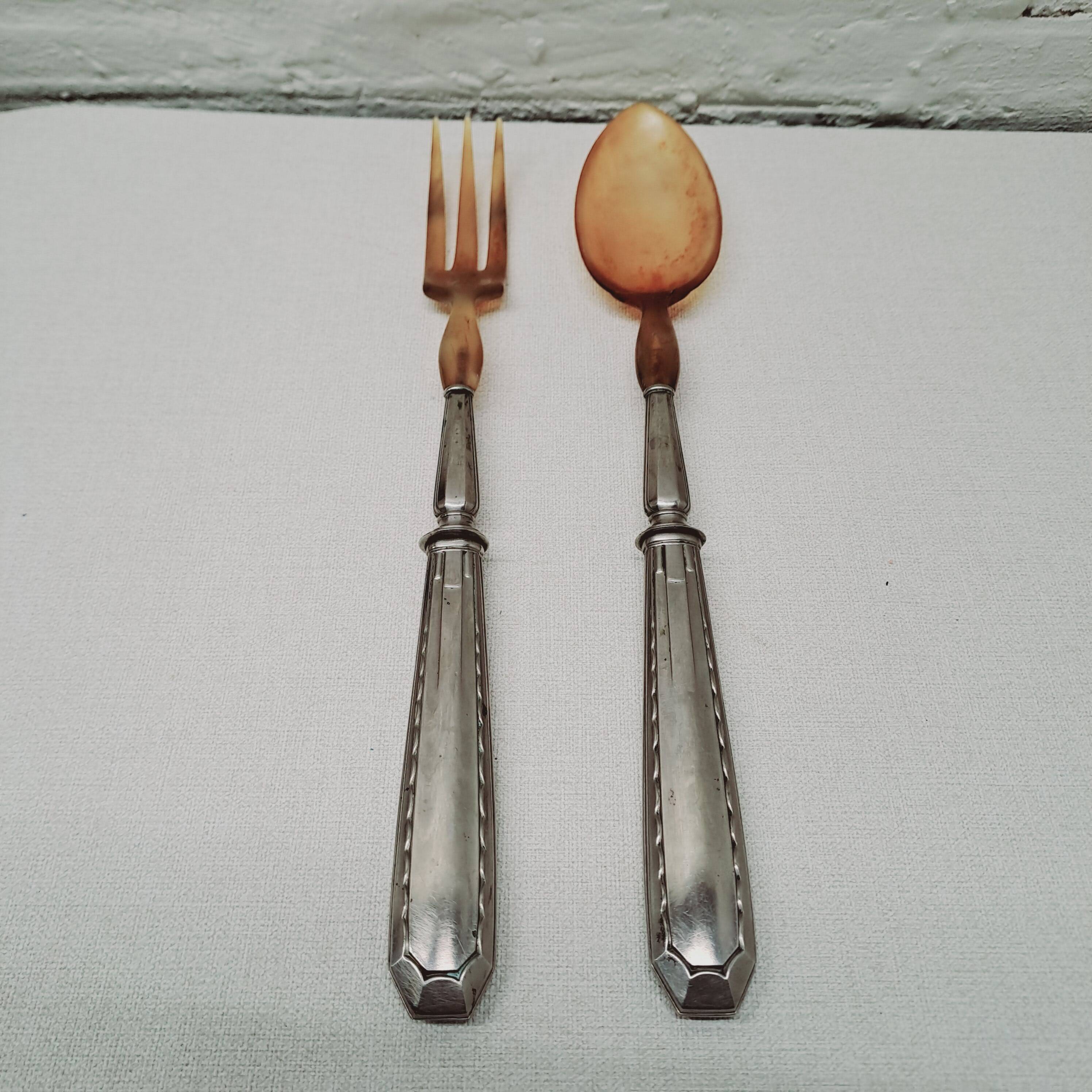 Horn and silver-plated salad servers