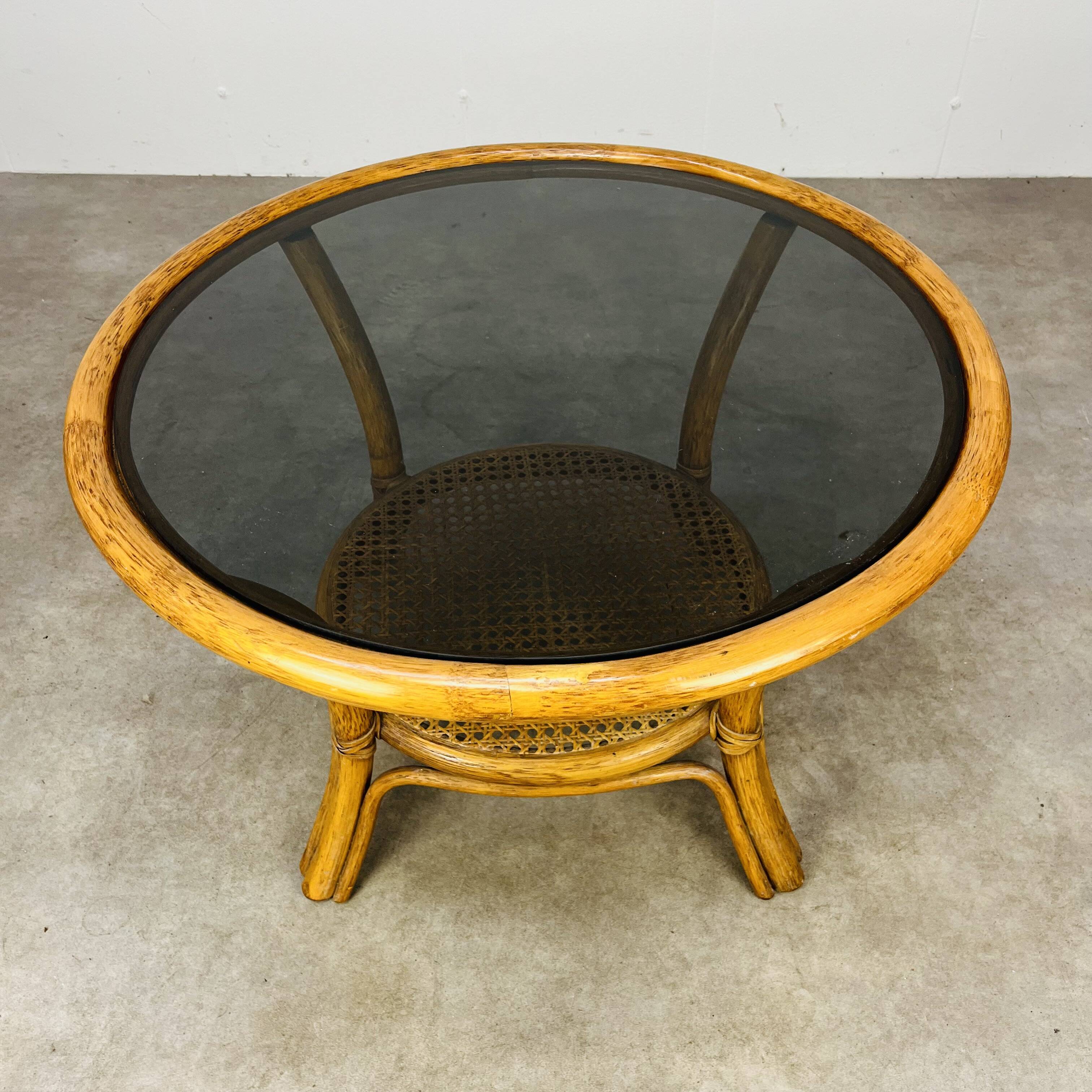 Round rattan smoked glass coffee table, 60s