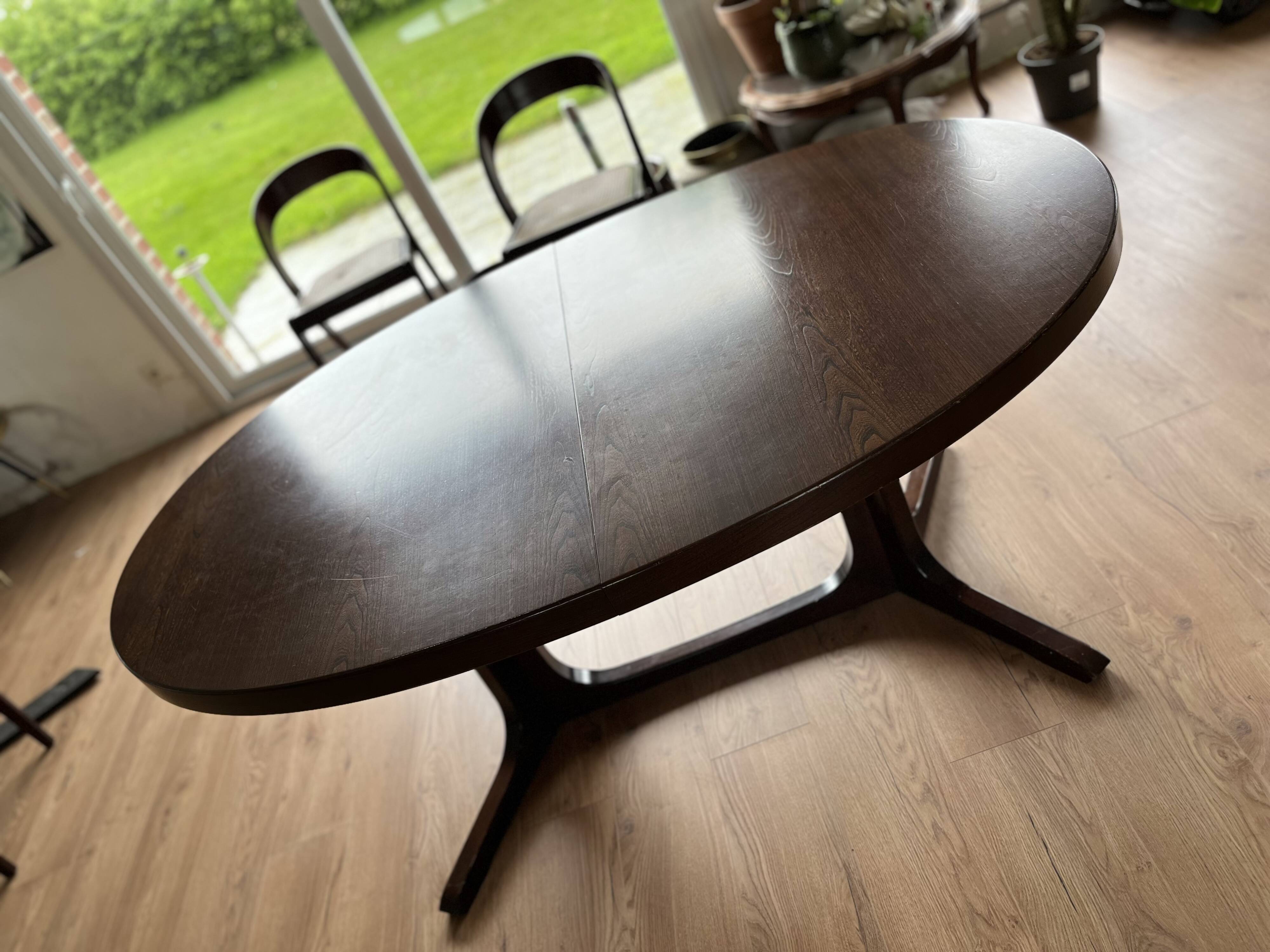 Baumann oval extendable dining room table and 6 Baumann Sled chairs known as gondola