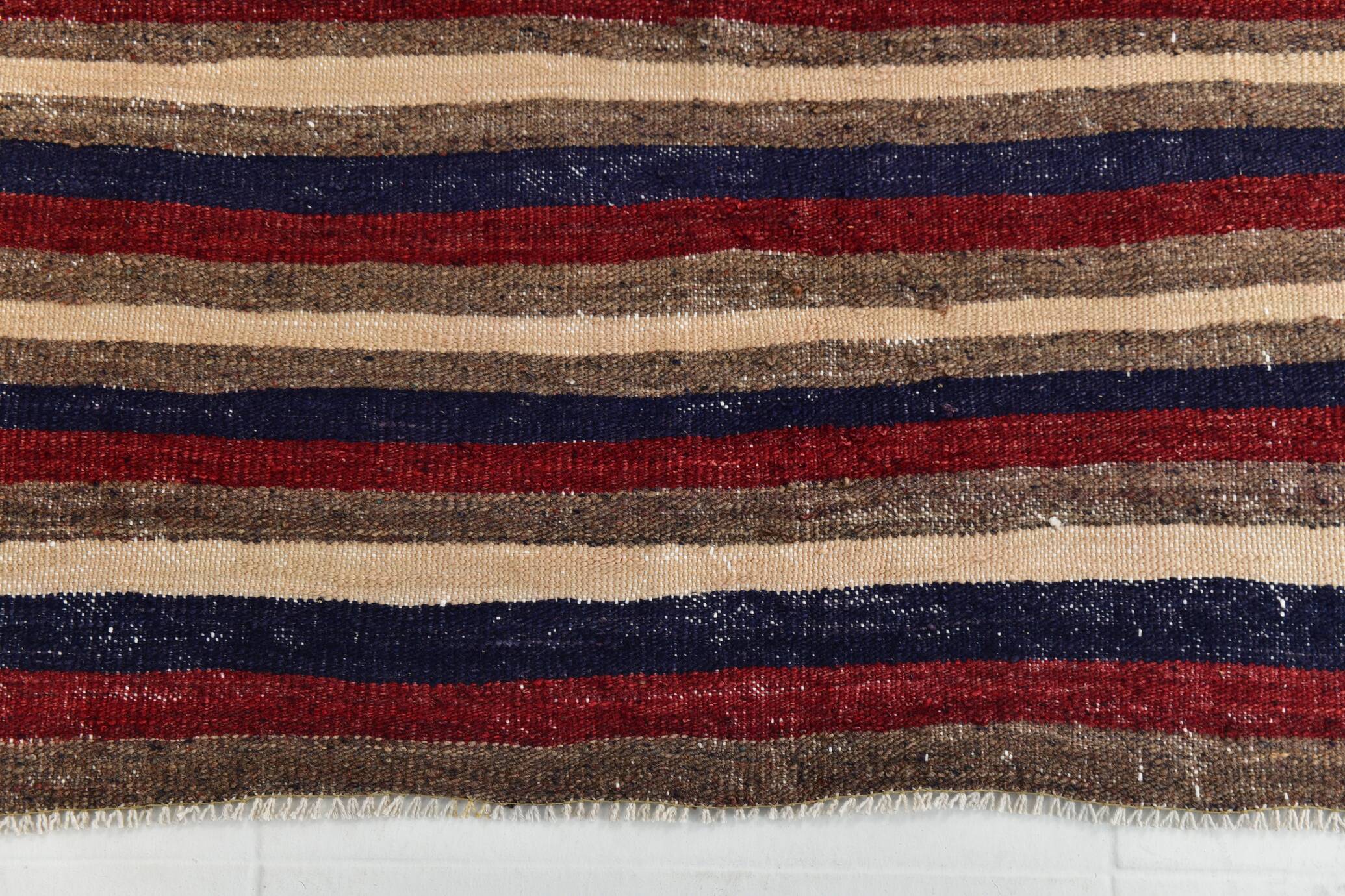 4x9 Red & Navy Blue Pinstriped Pattern Turkish Kilim Rug, 136x284Cm