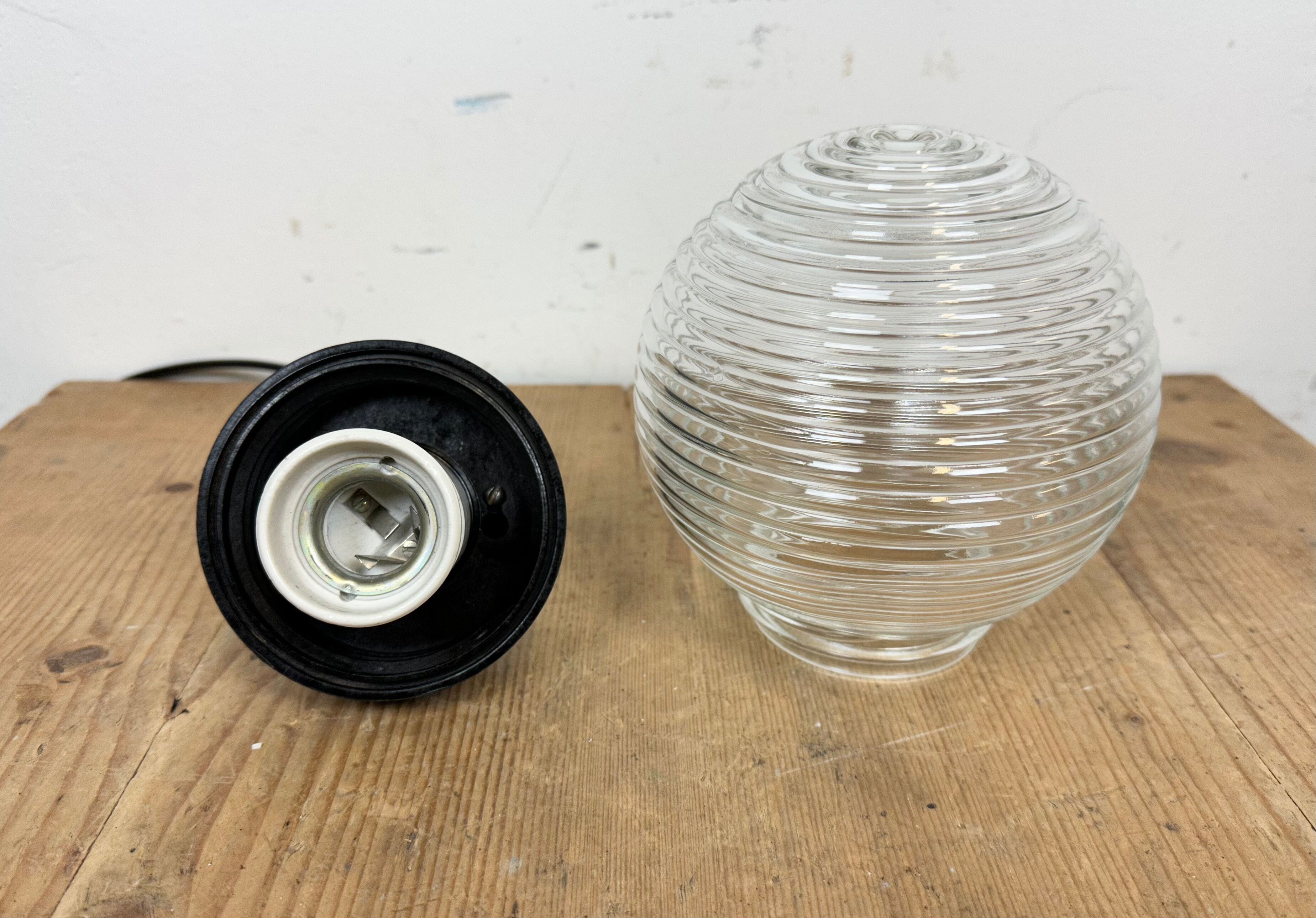 Industrial bakelite pendant light with ribbed glass, 1970s