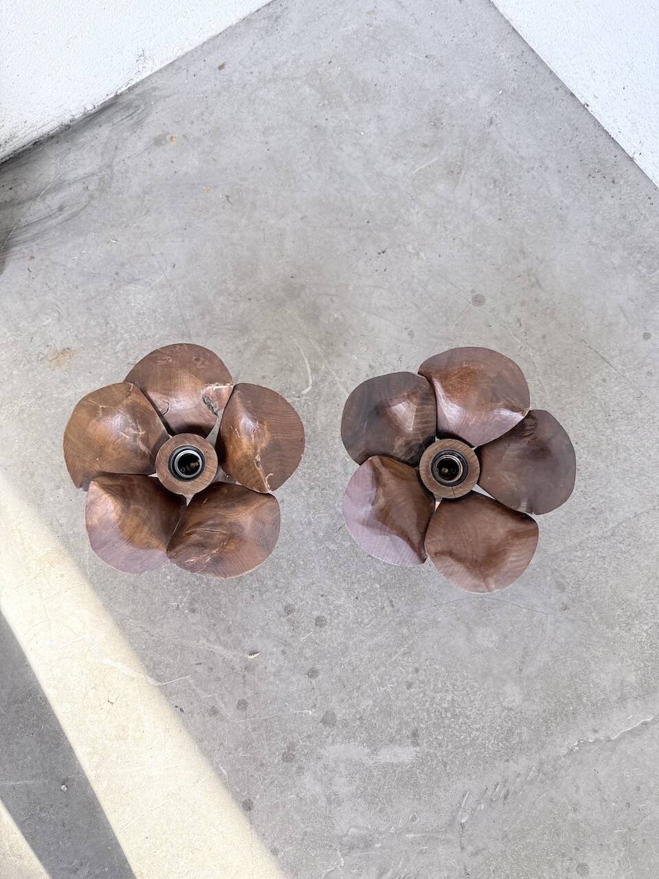 Pair of wooden flower wall lights from the 1970s.
