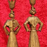 Pair of gilded beaten iron sculpture lamps attributed to Gilbert Poillerat