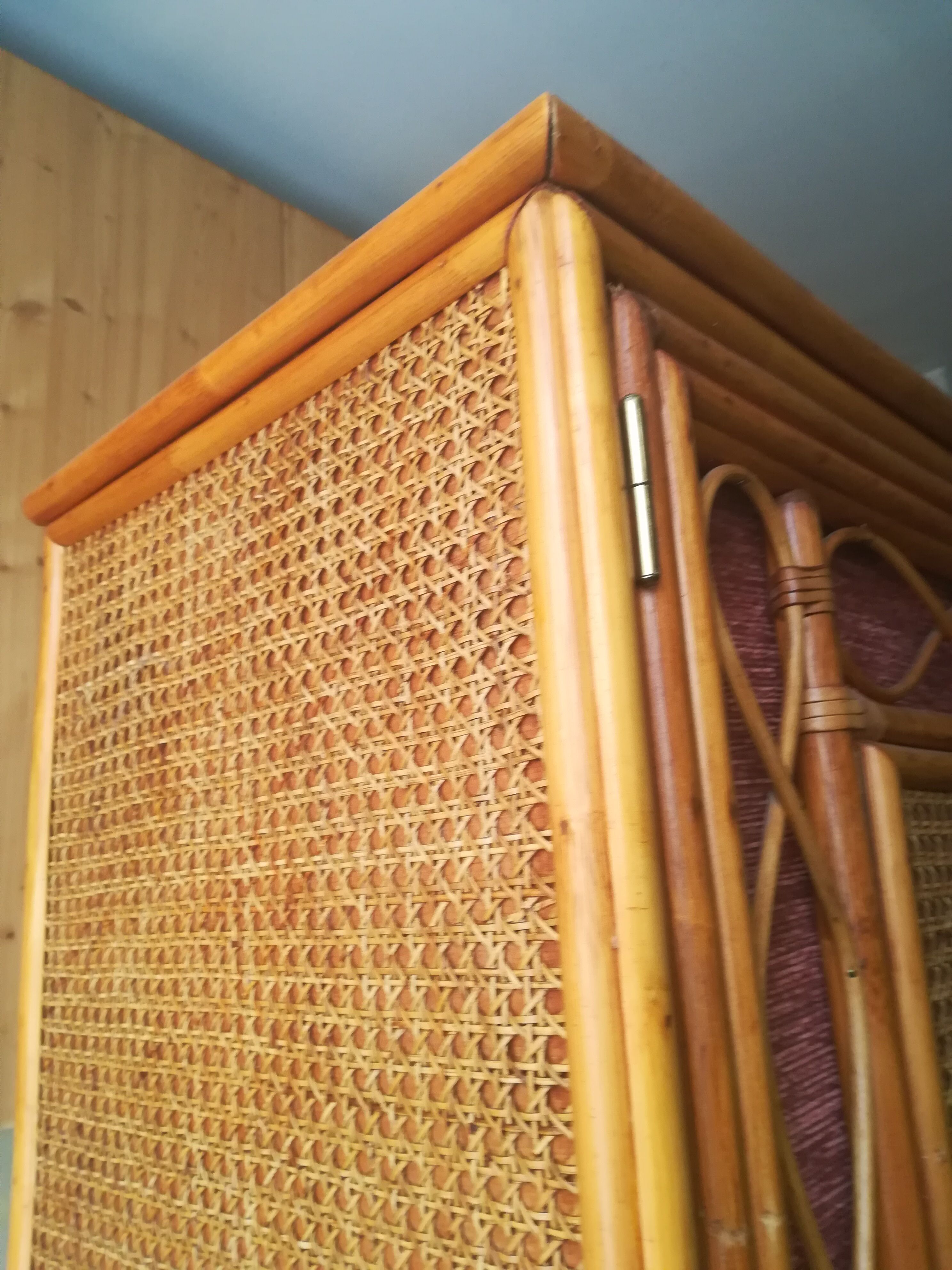 Wardrobe in rattan, caning and velvet