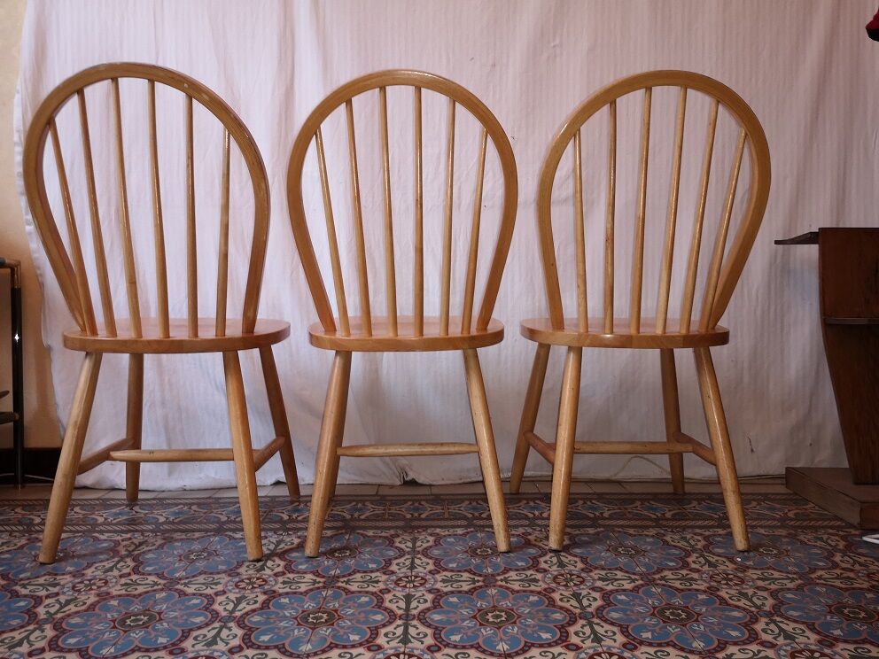 3 Ercol Windsor style chairs vintage elm 1980