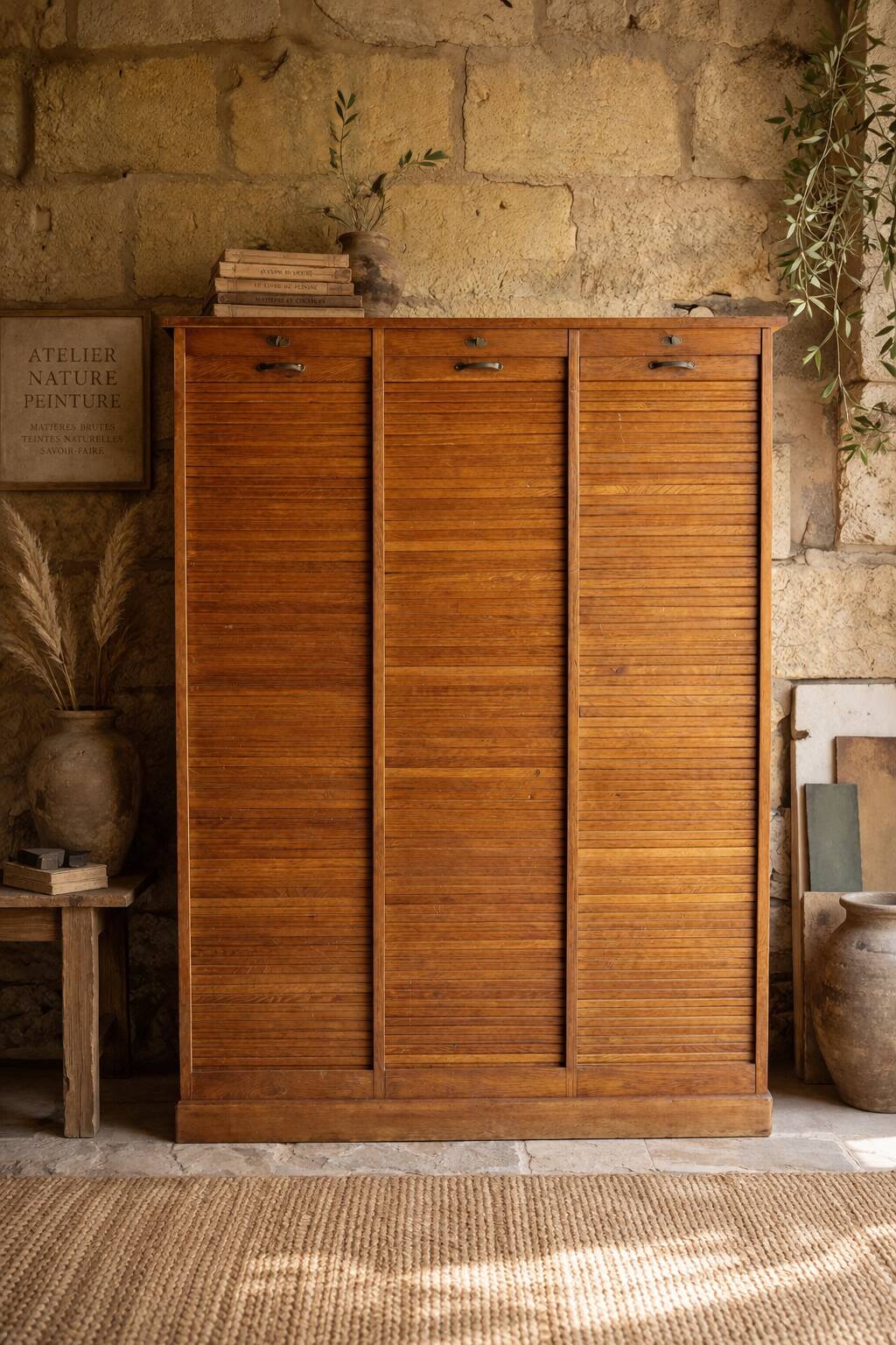 Oak workshop cabinet with curtains – antique triple column
