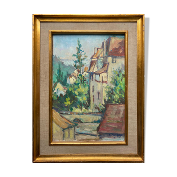 Table HSP "Treed village" signed R. Message + frame