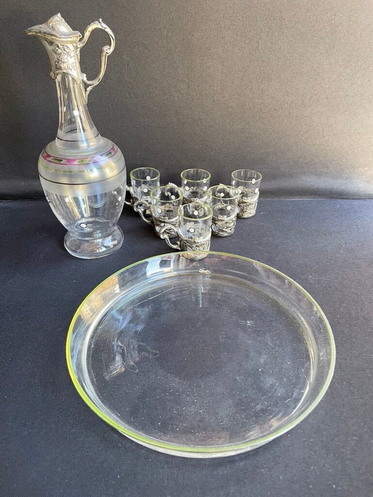 Liquor service Art Nouveau 1/2 Enamelled colored crystal with silver metal frame