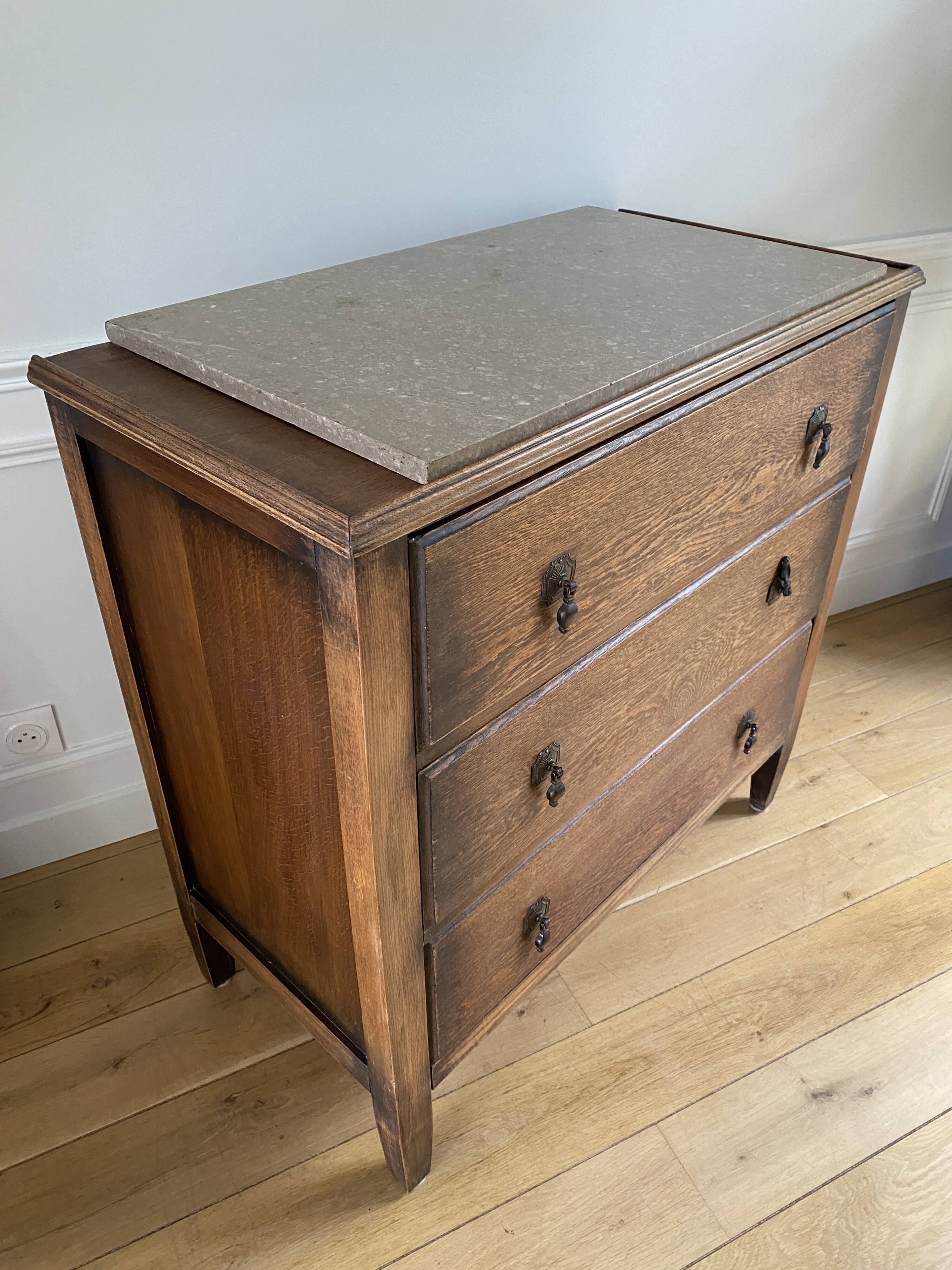 Vintage wooden chest of drawers with three drawers and brown marble top