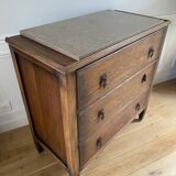 Vintage wooden chest of drawers with three drawers and brown marble top