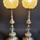 Magnificent pair of table lamps in silver-plated bronze and vintage glassware