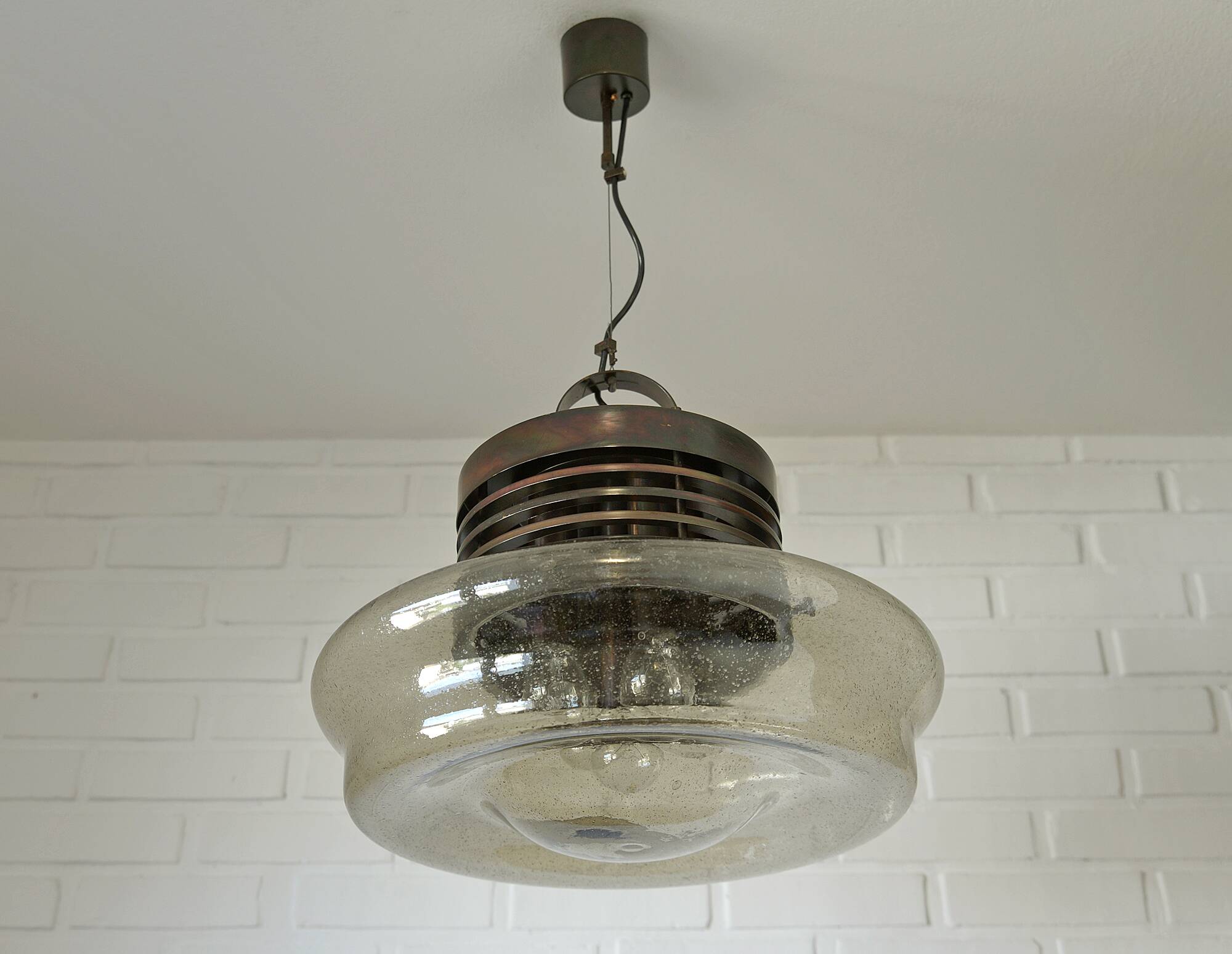 Vintage Brutalist Light X Large Glass Pendant Lamp Mid Century Modern 1980