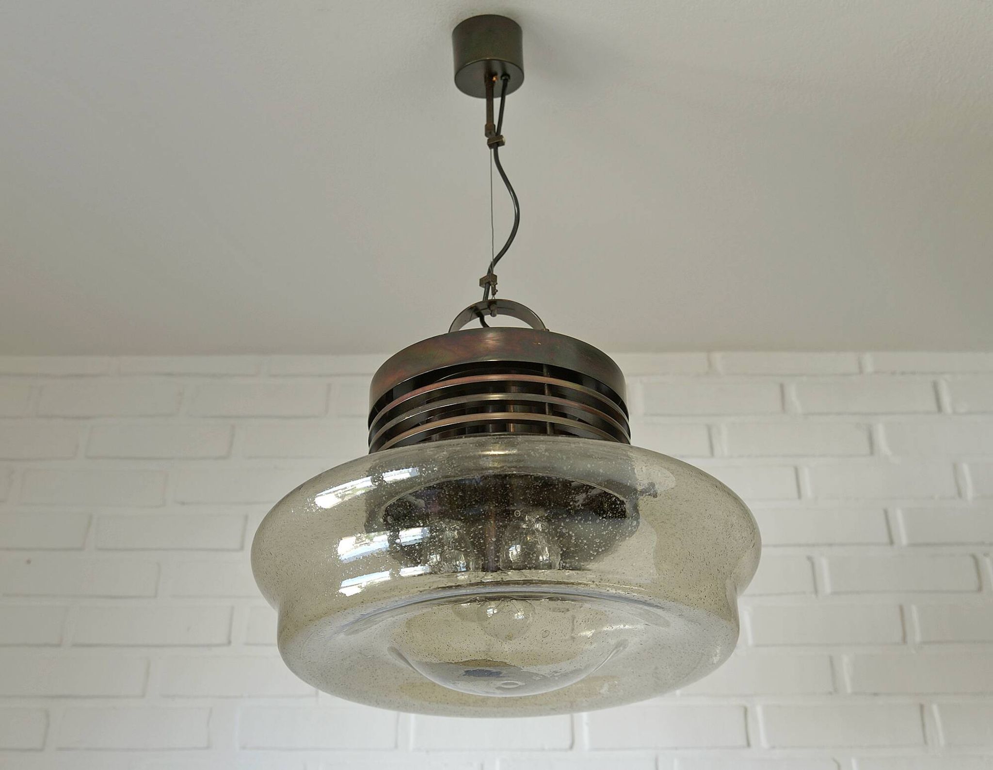 Vintage Brutalist Light X Large Glass Pendant Lamp Mid Century Modern 1980
