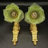 Paire d'appliques style Louis XV du XIXe - bronze & tulipes vertes