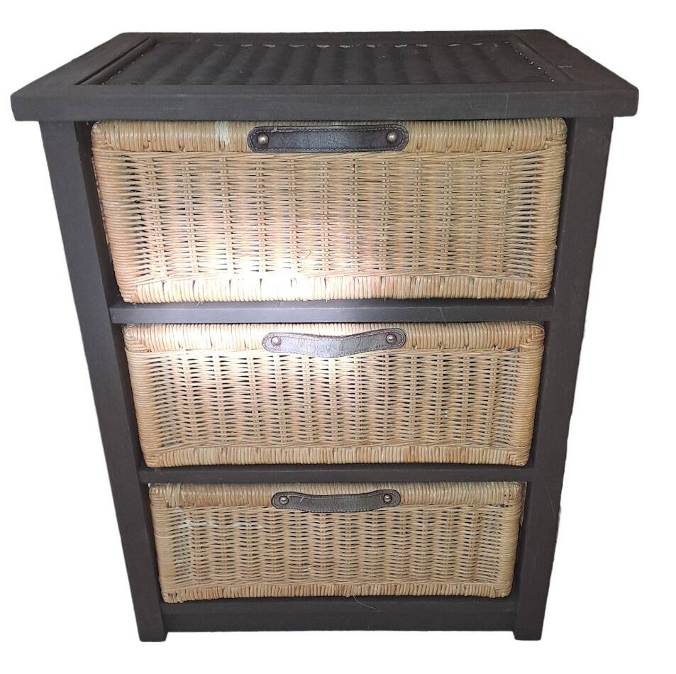 Wooden and wicker storage unit France 1980 / in dark brown repainted wood and 3 wicker drawers