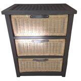 Wooden and wicker storage unit France 1980 / in dark brown repainted wood and 3 wicker drawers