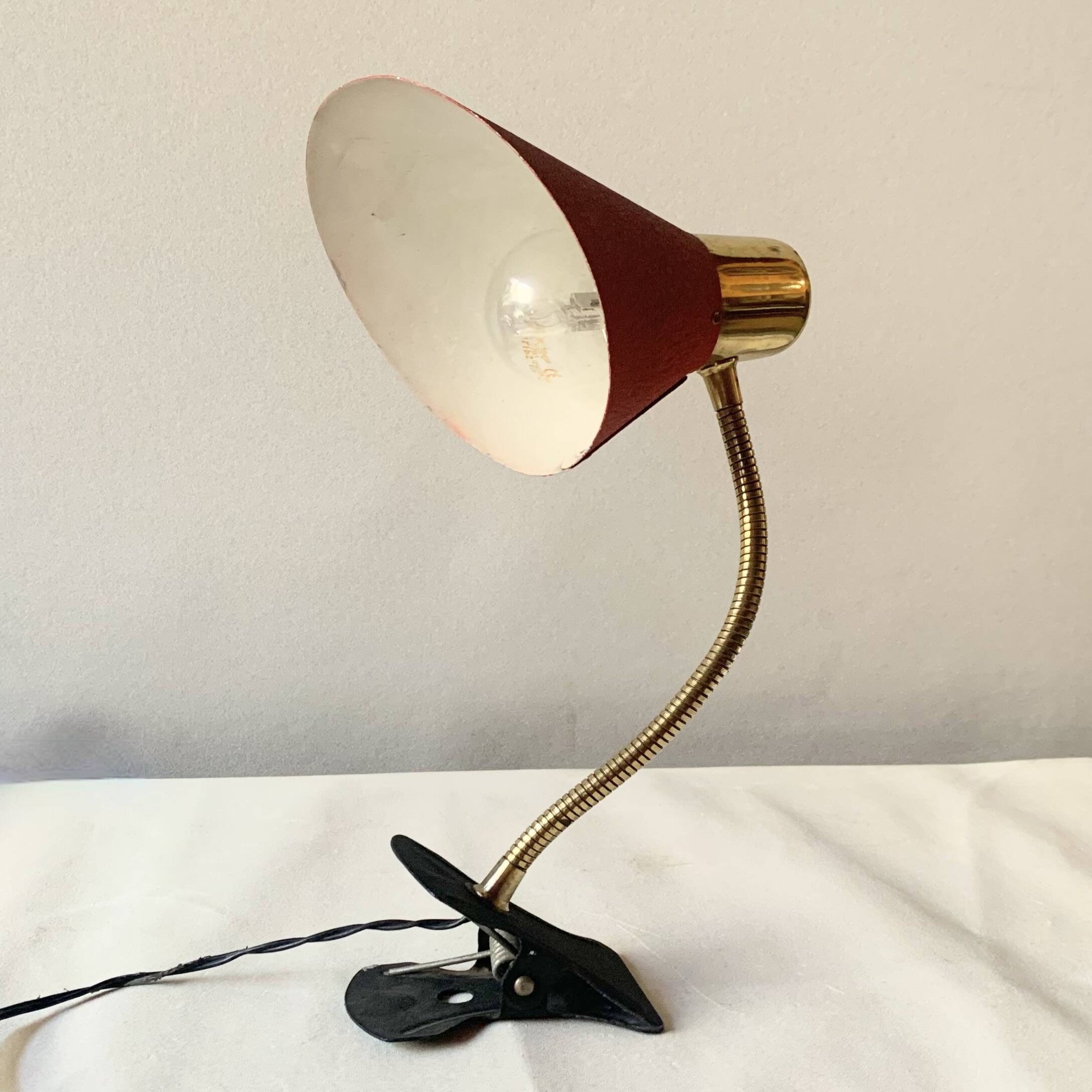 Brass and red painted metal clamp desk lamp - 1950s