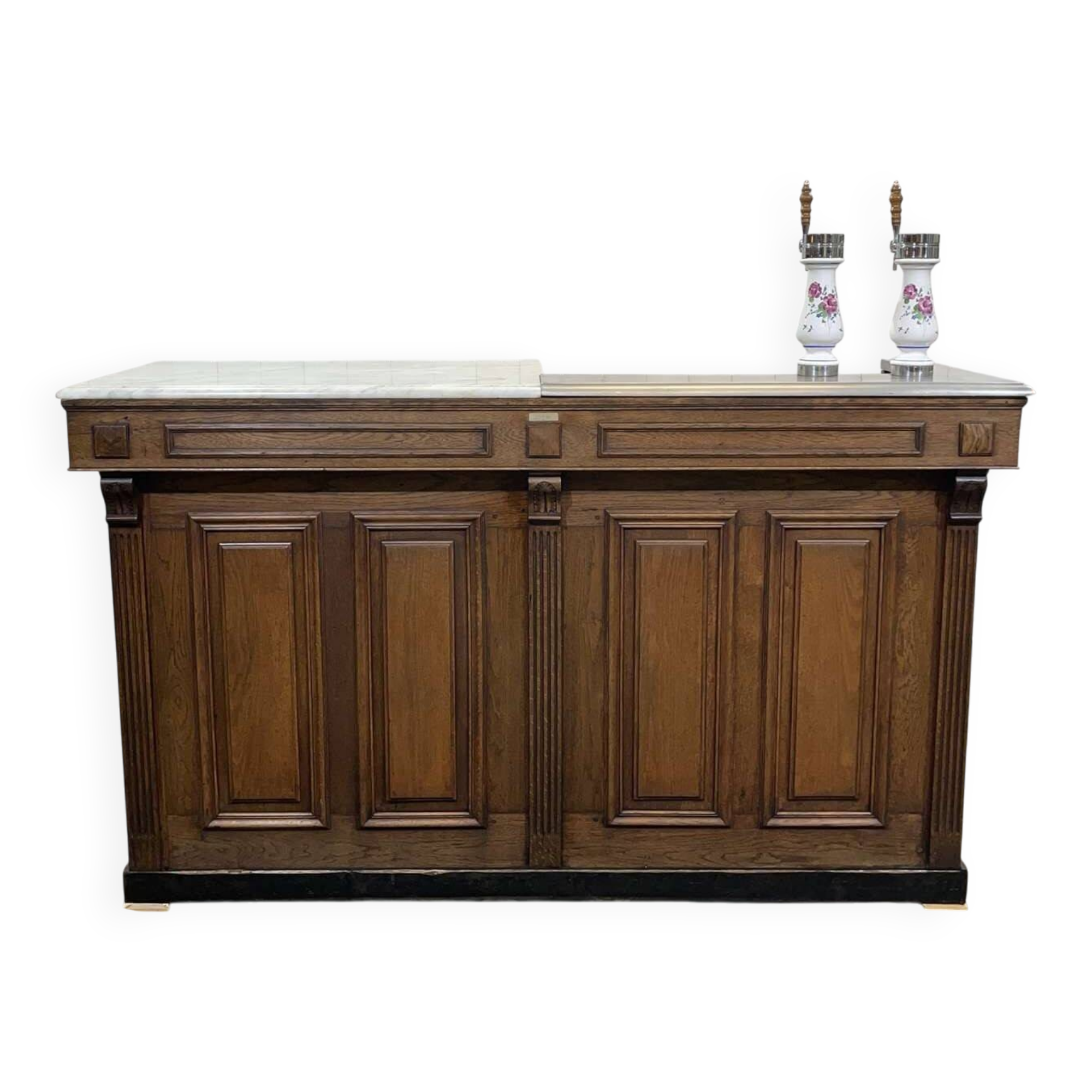 Bar counter in oak, zinc, and white marble from the early 20th century.