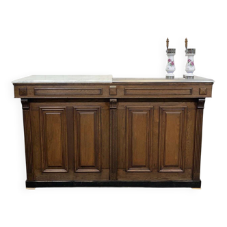 Comptoir de bar en chêne, zinc et marbre blanc début XXème