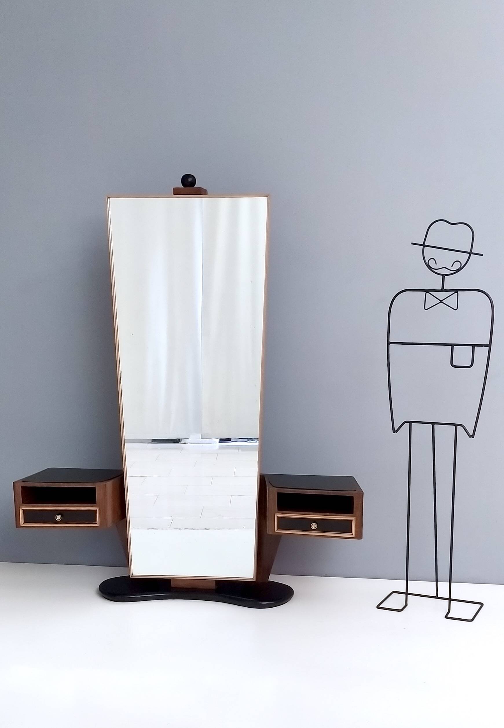 Wooden Entryway Mirror Organizer with Black Glass Tops, Italy