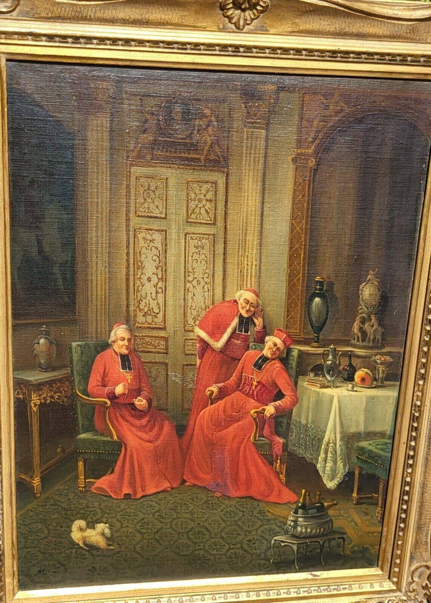 Signed Antique French Oil Painting – Cardinals in Luxurious Setting, 19th C