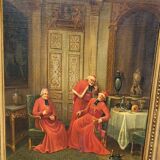Tableau à l'huile ancien signé – Cardinaux dans un cadre luxueux, XIXe siècle
