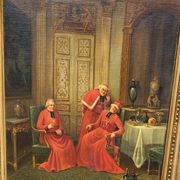 Signed Antique French Oil Painting – Cardinals in Luxurious Setting, 19th C