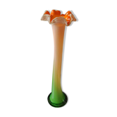 Large Floral Shaped Vase/Ruffled Neck. Blown/opaline art glass. Green/orange tones. Height 39.5 cm