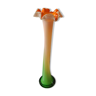 Large Floral Shaped Vase/Ruffled Neck. Blown/opaline art glass. Green/orange tones. Height 39.5 cm
