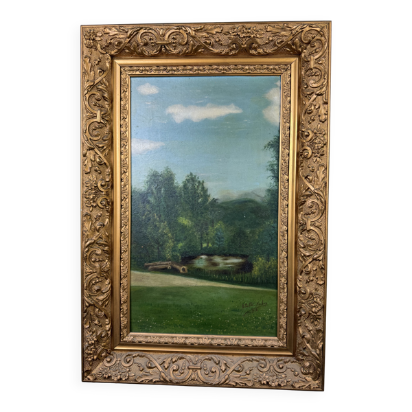 peinture école Française : Grande huile sur toile datée 1914   l'orée du bois
