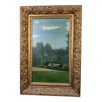 French school painting: Large oil on canvas dated 1914, the edge of the woods