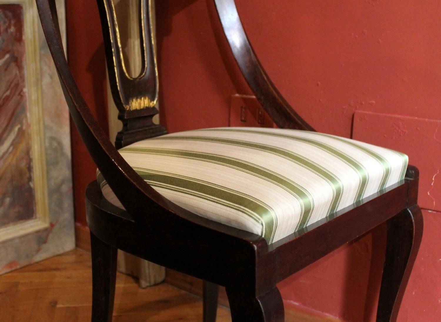 18th Century French Directoire Mahogany Chairs with Silk Blend Upholster Fabric, Set of 4