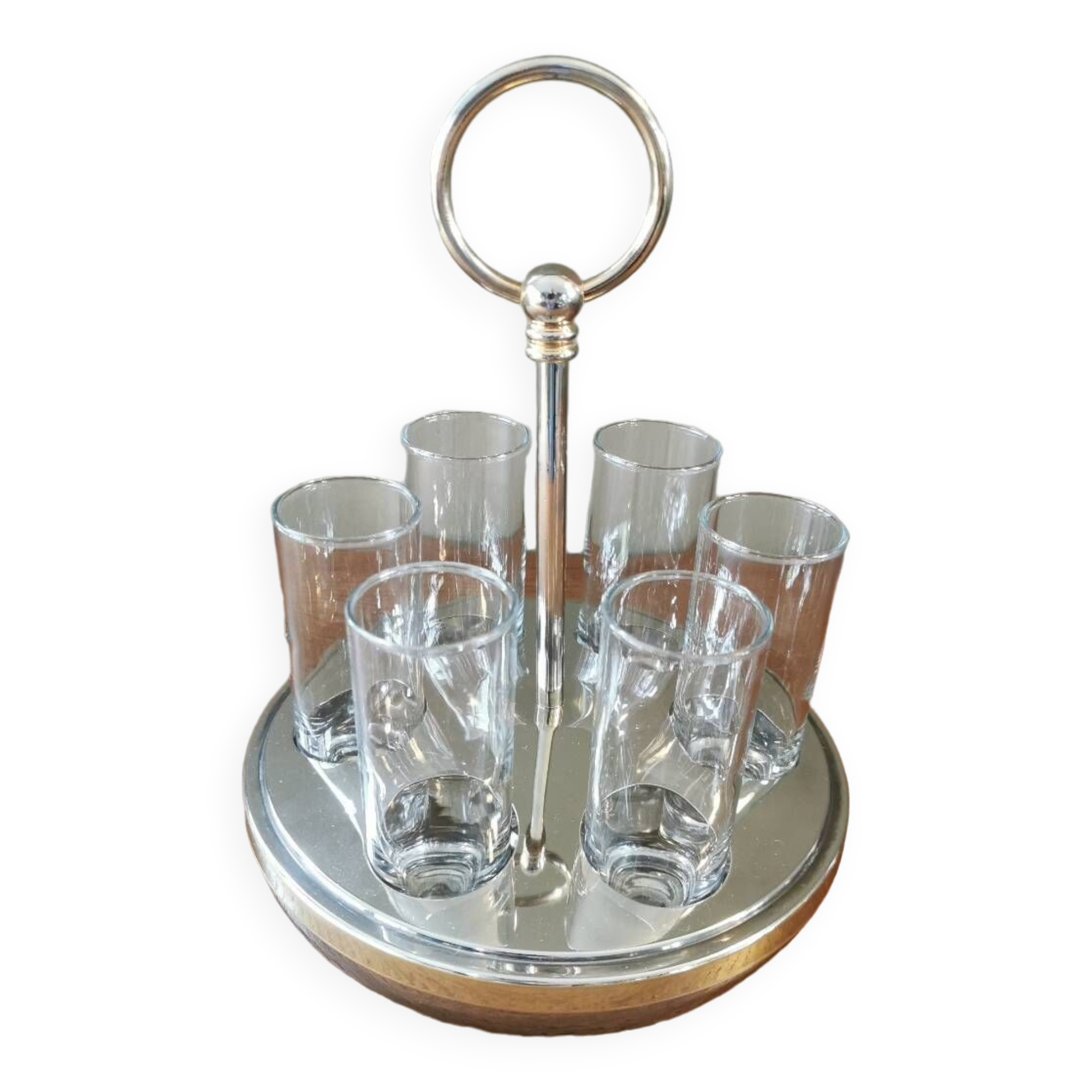 6 shot glasses on vintage metal support