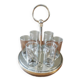 6 shot glasses on vintage metal support