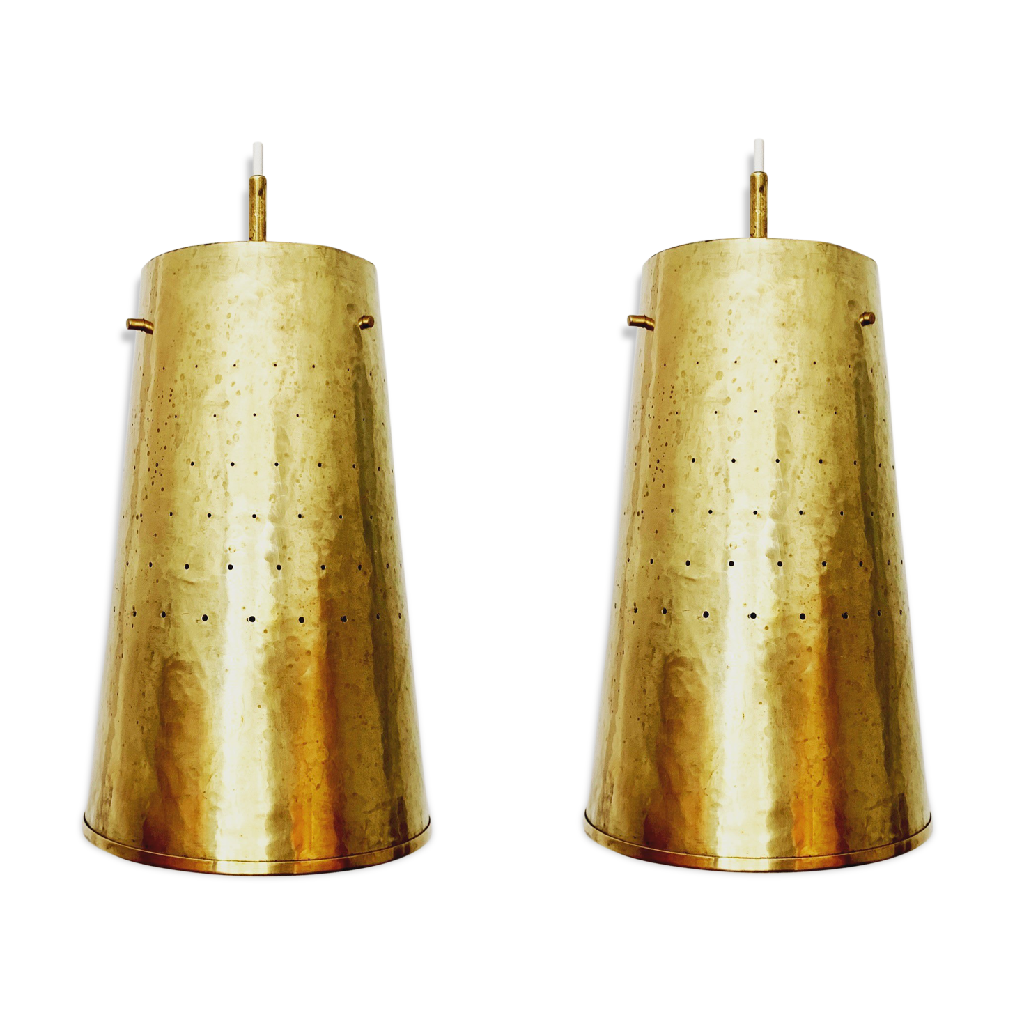 Set of 2 large Mid Century Modern perforated brass pendant lamps