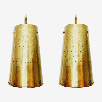 Set of 2 large Mid Century Modern perforated brass pendant lamps